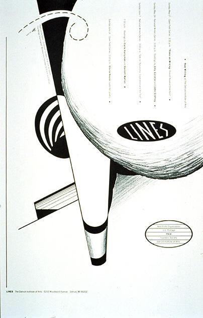 Abstract graphic with bold, geometric shapes in black and white, featuring the word "LINES" prominently. Large circular and triangular elements create a dynamic, modern feel.