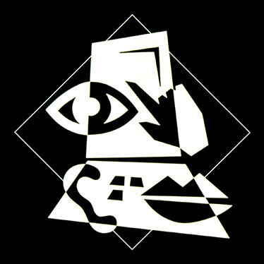 Abstract graphic with geometric shapes, including an eye, hand, telephone, and lips, arranged in a cubist style on a black background.
