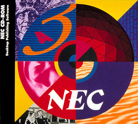 Colorful NEC CD-ROM logo featuring abstract geometric shapes, a red and purple gradient circle, a human ear, and patterns. The design includes text in various sections, emphasizing creativity and technology.