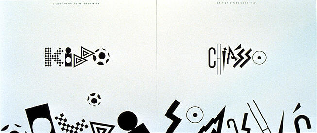 Abstract black geometric shapes and patterns on a white background, featuring bold letters forming the words "Kidd" and "Chiasso."