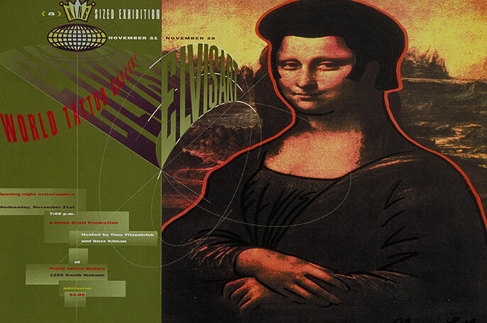 The Mona Lisa with a dark, stylized overlay, text elements, and an Elvis theme, blending art and graphic design with a vintage poster feel.