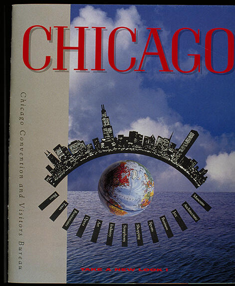 Chicago-themed poster with the skyline forming an arch over a globe, set against a blue sky with clouds. The word "CHICAGO" appears in bold red letters at the top. Vertical text on the side reads "Chicago Convention and Visitors Bureau."