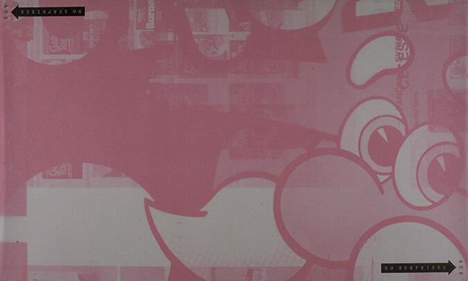 Pink graphic design featuring abstract shapes and outlines over a grid-like background.