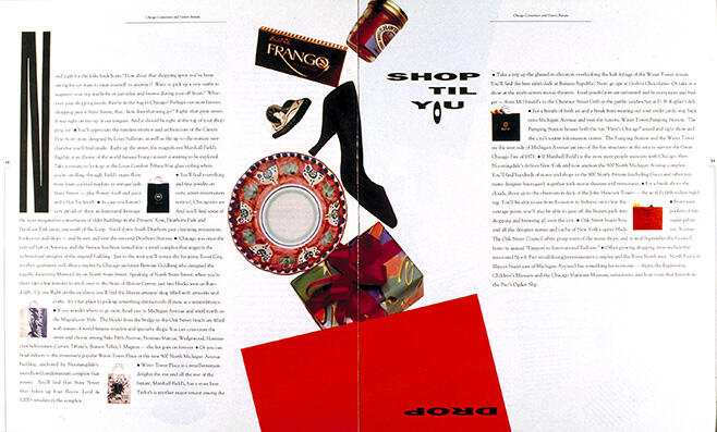 Collage of shopping-themed items including a shoe, teacup, Frango box, and red gift bag, with the text "SHOP TIL YOU DROP" in bold black letters. The background features a mix of text and white space, creating a busy, dynamic magazine layout.