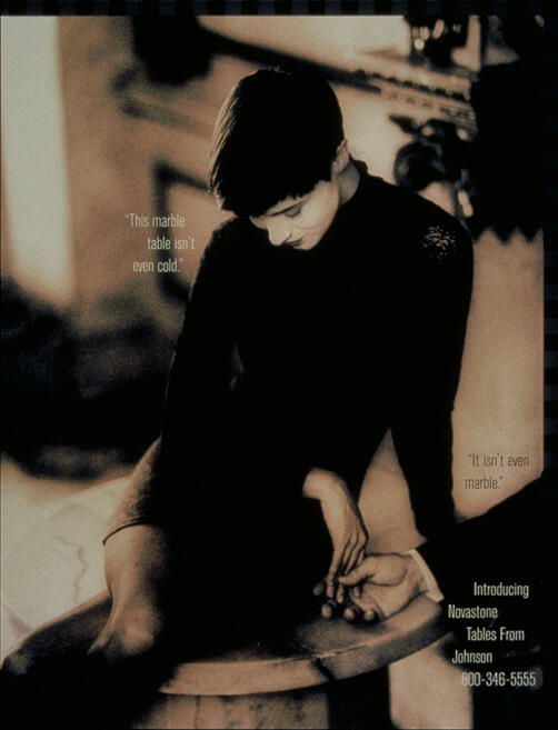 A sepia-toned photograph of a person with short hair sitting at a round table, looking down. Their hand rests on the table, and another hand gently touches it. Text overlays are present in the image.