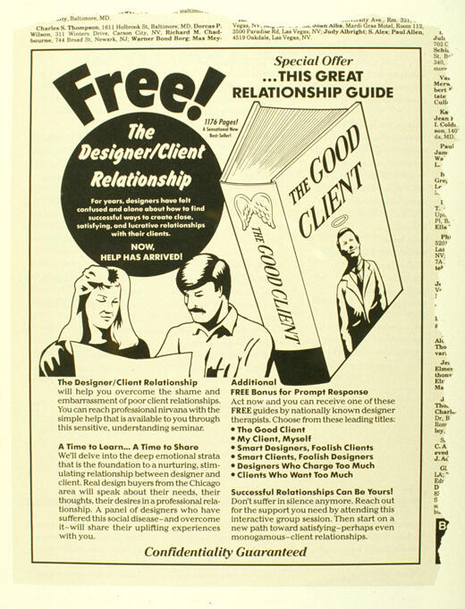 Retro advertisement promoting a free guidebook titled "The Good Client," featuring illustrations of a man and woman reading, with text about designer-client relationships. The style is vintage, using a mix of bold and regular fonts.