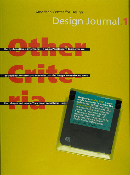 Yellow cover of the Design Journal by the American Center for Design, featuring bold red and black text, overlaid sections, and an old floppy disk partially shown at the bottom right.