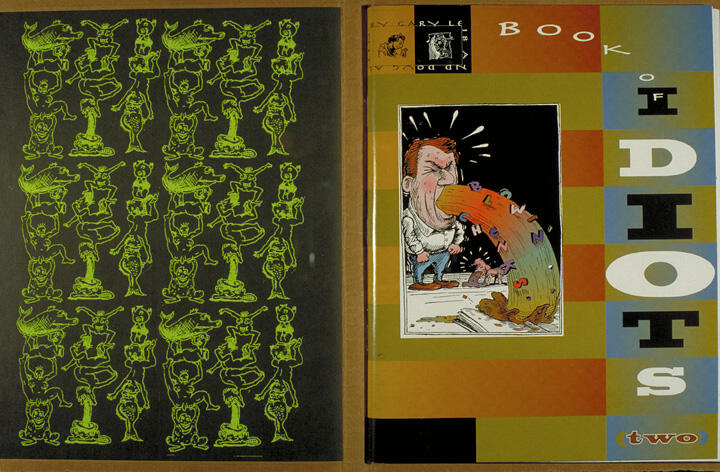 Comic book cover titled "Book of Idiots" with an illustration of a man vomiting letters onto a book. Background is colorful with green, orange, and blue sections. Left side features a black cover with green cartoon characters in repetitive rows.