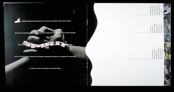 Two hands clasped together in a handshake against a dark background, with the word "SPIRIT" in bold, 3D letters. The right side features a white background with text and partial images of people in vertical strips.