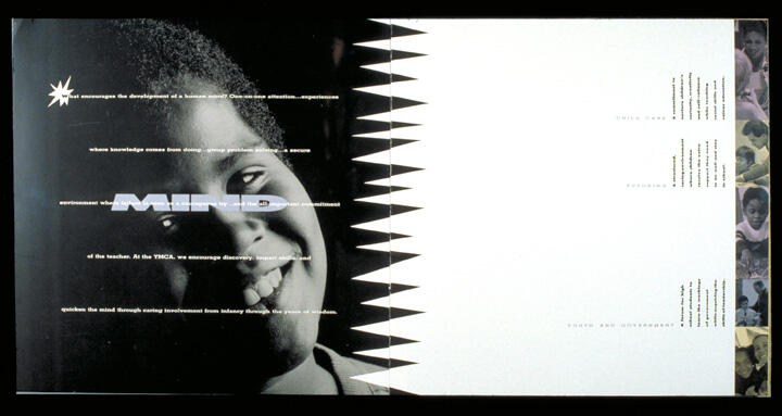 Black and white photograph of a smiling person on the left, with graphic text elements and zigzag designs in the center. The right side features smaller images of children, accompanied by headings like “Child Care” and “Youth and Government” on a white background.