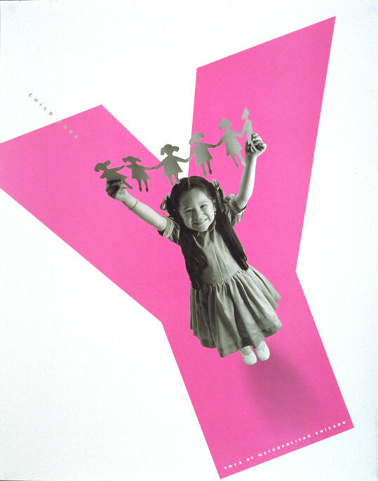 Smiling girl in a dress holding a paper chain of children, set against a large pink letter "Y" on a white background.