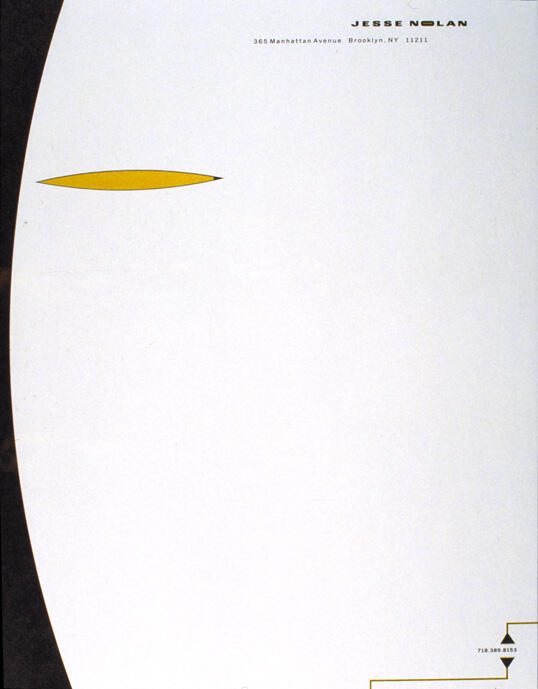 Minimalist stationery design with a white background, featuring an asymmetrical black arc on the left, a yellow elliptical shape, and black text details in the top right corner.
