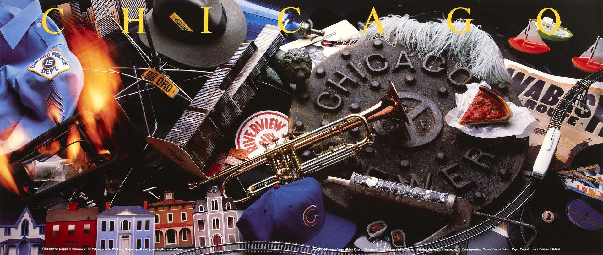 Collage representing Chicago with a police shirt on fire, trumpet, pizza slice, miniature buildings, model train, and Chicago Water cover against a dark background.