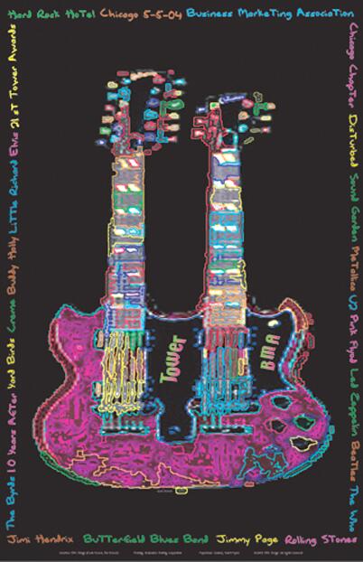 Neon-style graphic of a double-neck guitar with bright, multicolored outlines against a black background. Various band names and text surround the guitar in assorted colors.