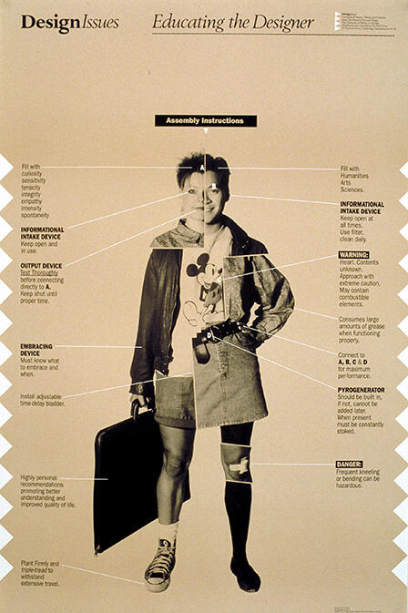 A graphic poster titled "Design Issues: Educating the Designer," featuring a person with labeled parts detailing various humorous components, such as "Informational Intake Device" and "Output Device." The individual holds a briefcase and has a casual yet professional appearance.