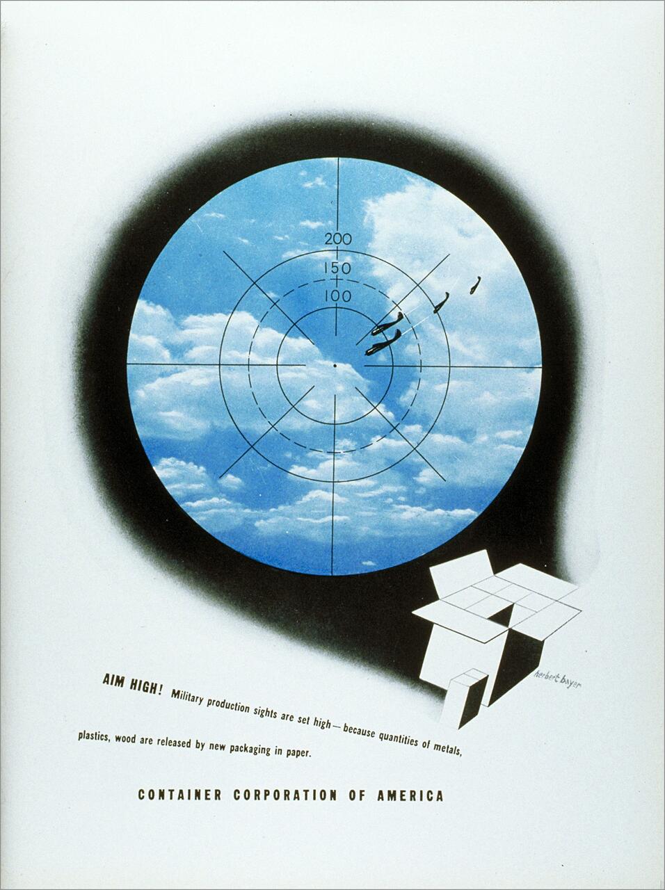 A radar screen showing a blue sky with clouds, a silhouette of airplanes, and angular lines. Below, an open cardboard box illustration. Text reads "Aim High" and "Container Corporation of America."