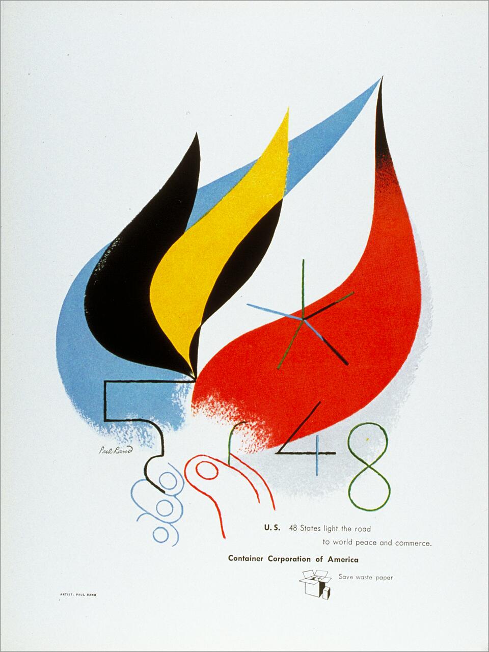 Abstract graphic by Paul Rand featuring colorful shapes resembling flames and the numbers 5, 4, and 8. Text includes "U.S. 48 States light the road to world peace and commerce" and "Container Corporation of America." A small box icon is present.