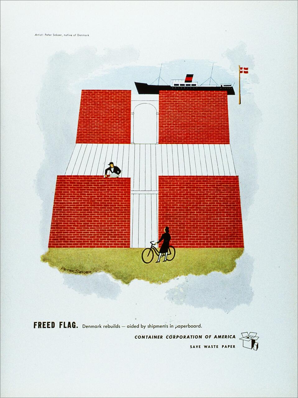 Graphic of a Danish flag made of brick walls with a cyclist below and a ship above, symbolizing Denmark's rebuilding.