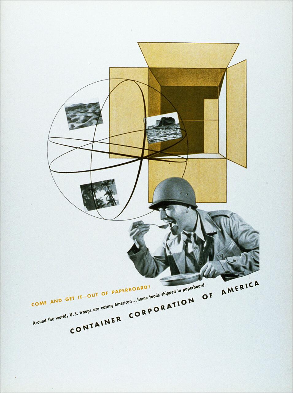 Collage with an open cardboard box, globe lines, and small photographs of landscapes. A soldier in uniform eating with a spoon is in the foreground. Text below mentions "Container Corporation of America."