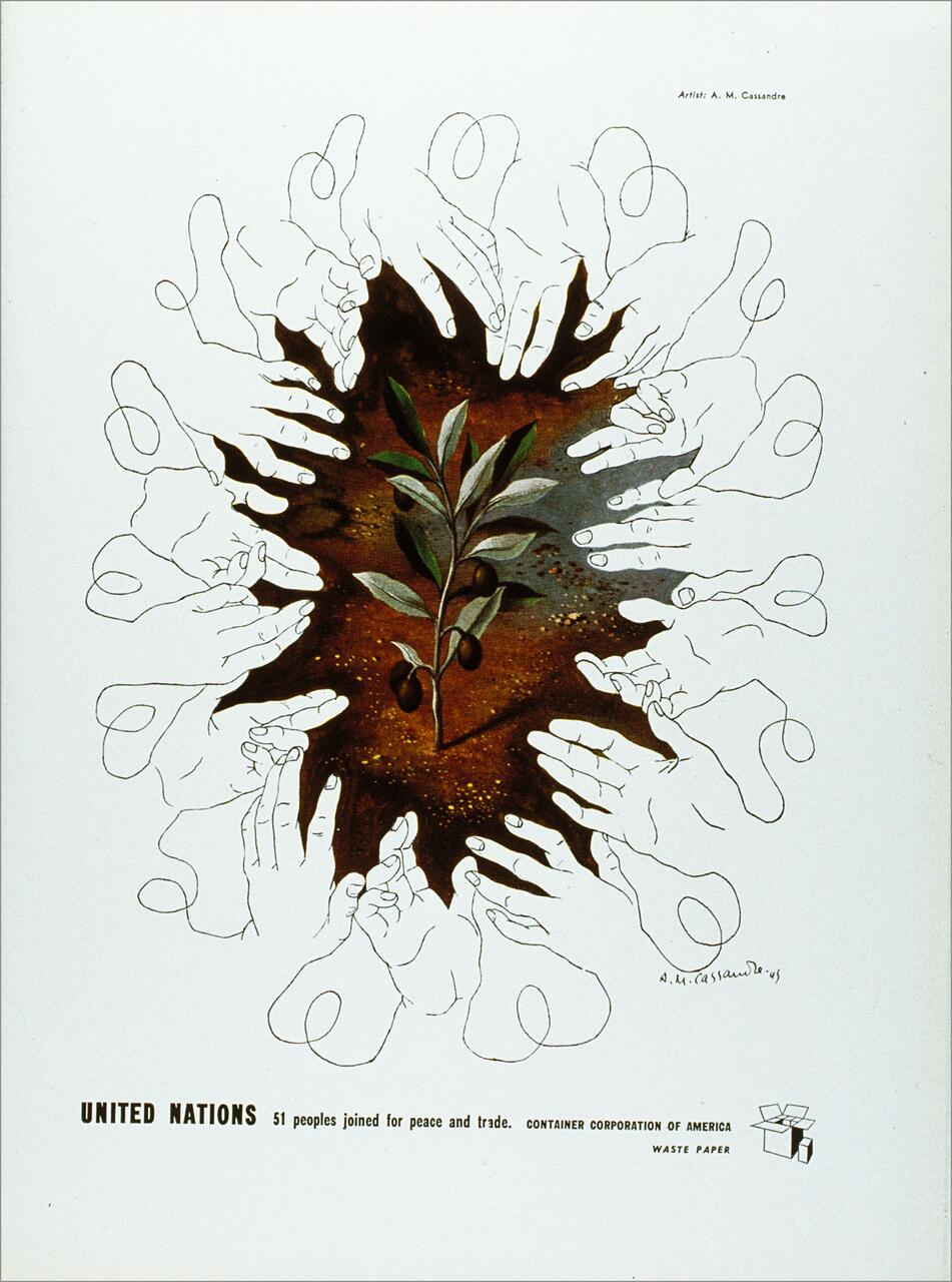 Hands outlined in white surround an olive branch on a brown background, symbolizing unity and peace.