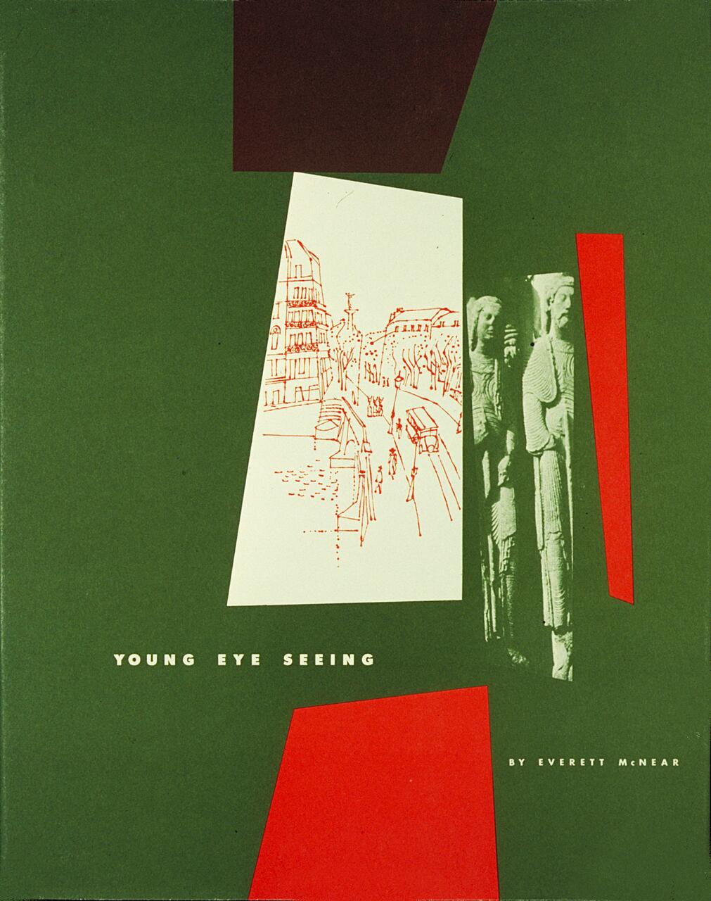 Geometric design with green, red shapes, sketch of a cityscape, and statues.