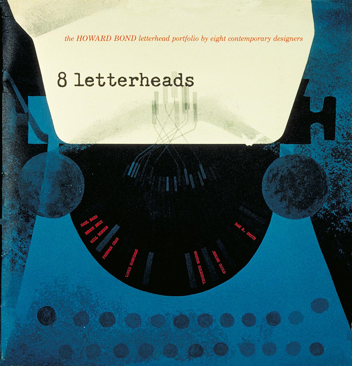 A stylized graphic of a blue typewriter with abstract shapes and names printed in red. The paper in the typewriter reads "8 letterheads" in a vintage typewriter font. The design uses shades of blue, black, and off-white.