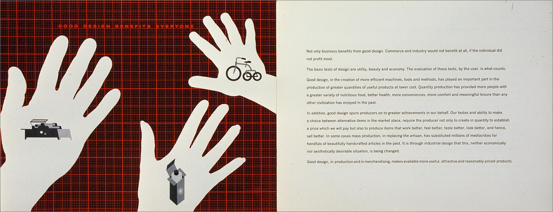 Poster with a red grid background on the left, featuring white hand silhouettes holding symbols of a typewriter, bicycle, and house. The right side has text discussing the benefits of good design in commerce and industry.