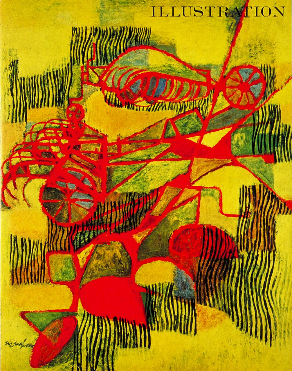 Abstract illustration with bold red lines and shapes over a yellow background, intersected by black vertical stripes. The composition includes circular, linear, and organic forms, creating a dynamic and colorful visual.