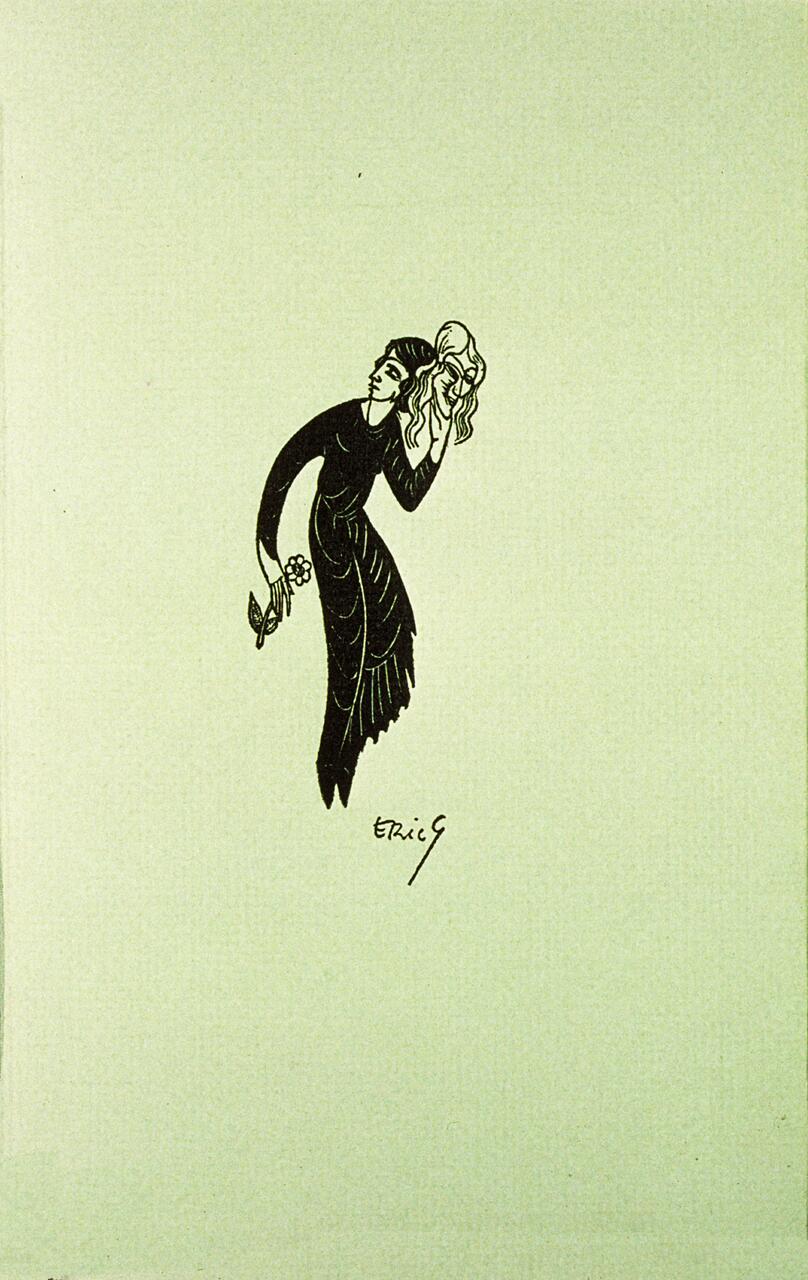 Stylized illustration of a person in dark clothing holding a mask and a flower, against a light background. The figure appears to be in motion with a gentle posture.