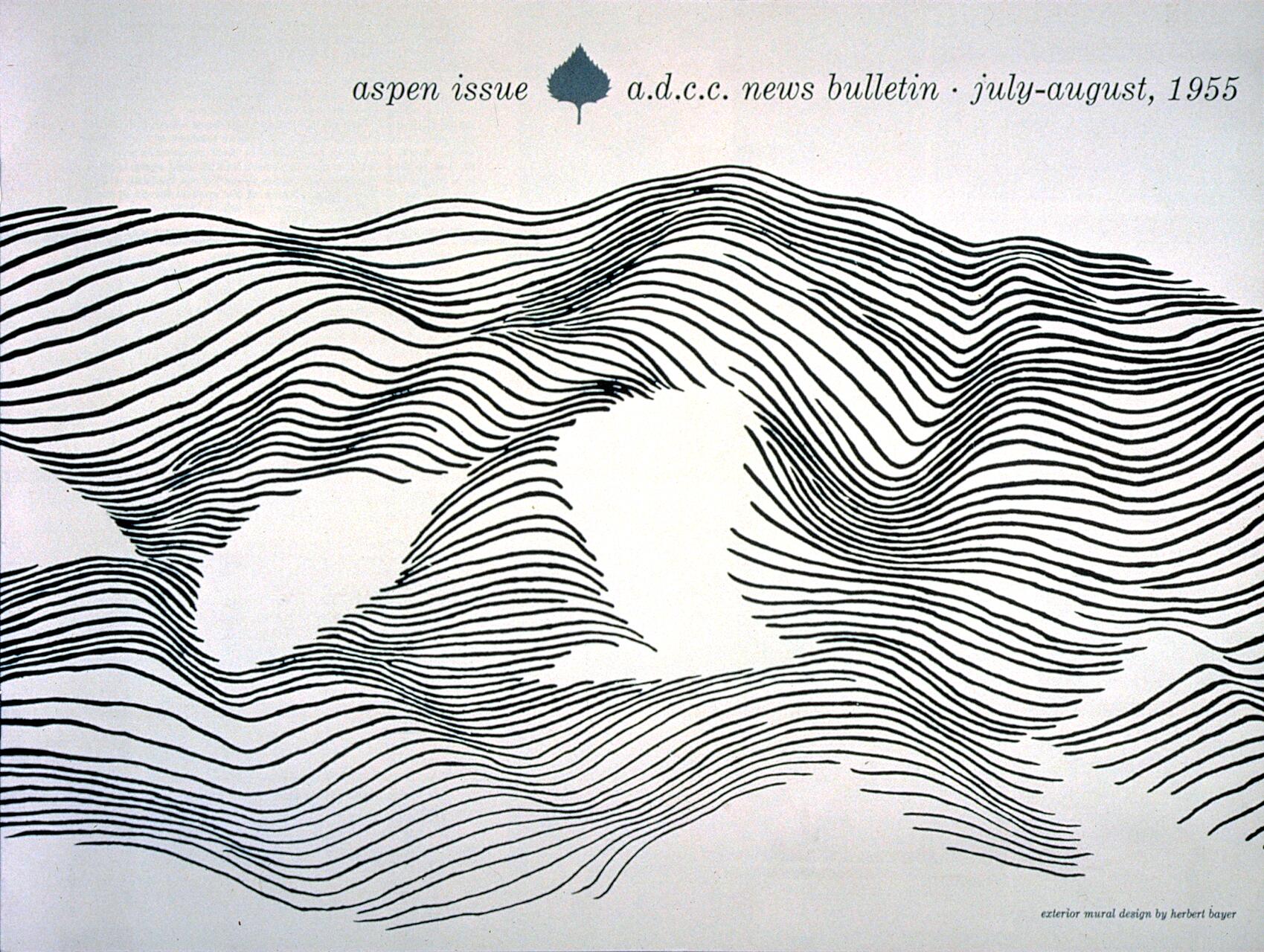 Black wavy lines create an abstract pattern with gaps, reminiscent of flowing terrain. The background is light, and the design is minimalist, evoking a sense of movement and depth.