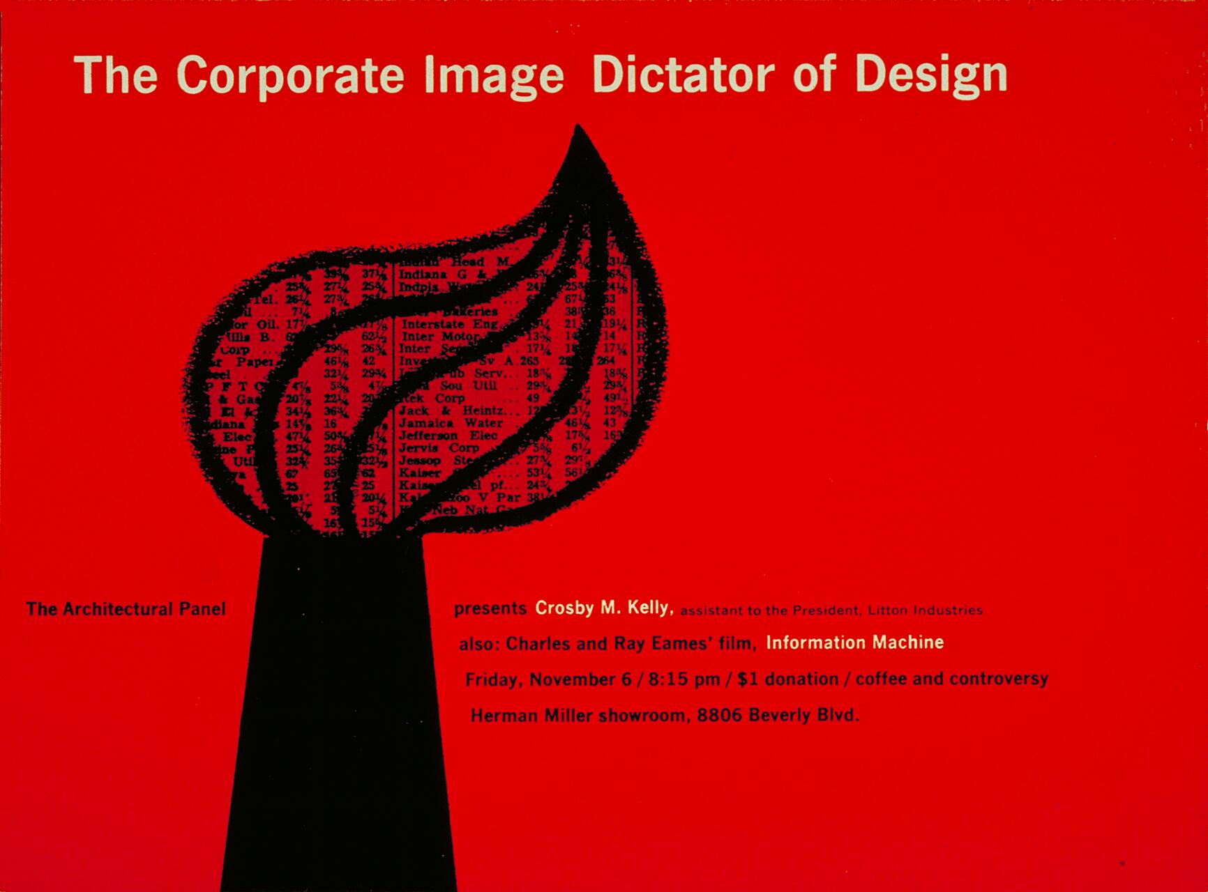 Red poster with bold text "The Corporate Image Dictator of Design," featuring a stylized flame graphic filled with company names. Event details for a presentation by Crosby M. Kelly and a film by Charles and Ray Eames are included.