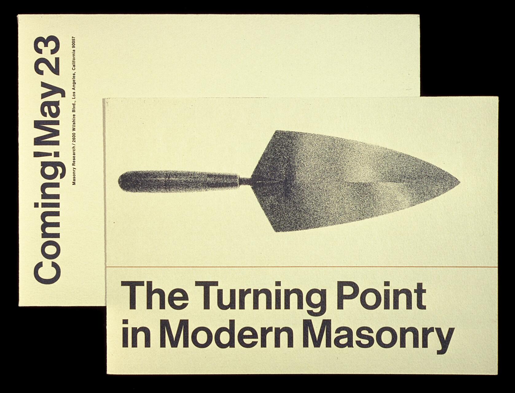 Poster featuring a large trowel and bold text "The Turning Point in Modern Masonry" with a sidebar announcing "Coming! May 23."