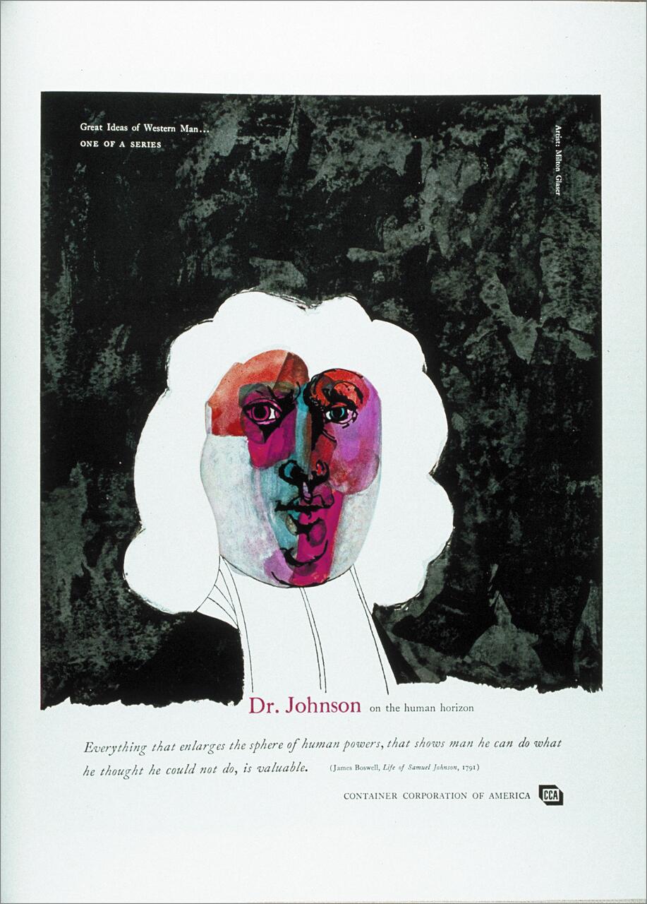 Abstract artwork featuring a stylized face with bold, mixed colors on a textured black background. Text reads "Dr. Johnson" with a quote below about human potential. Part of a series by Container Corporation of America.