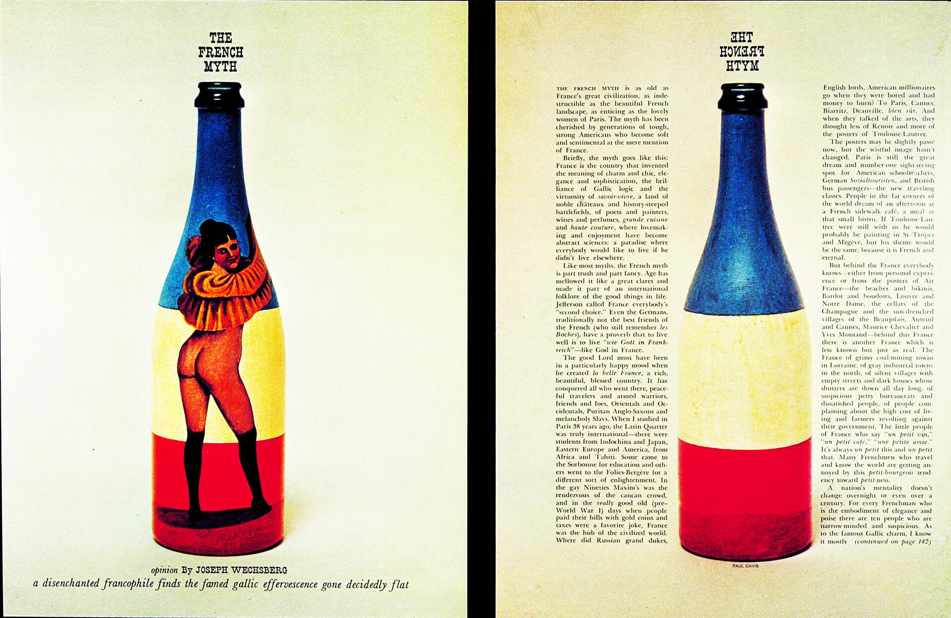 Two illustrated wine bottles, one on each page. The left bottle shows a person in a colorful outfit with text "The French Myth" above. The right bottle features the French flag colors. Text accompanies each image. 