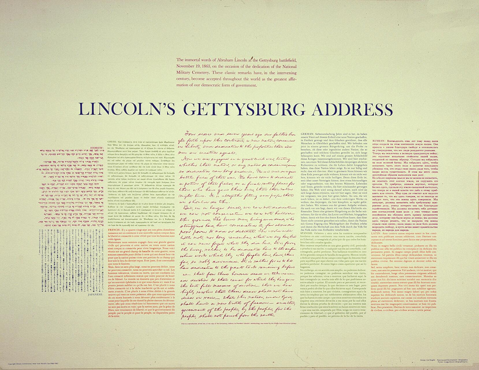 Text poster featuring translations of Lincoln's Gettysburg Address in multiple languages, including Hebrew, Greek, French, German, Russian, Latin, and Japanese. The English version is prominently handwritten in red ink at the center.