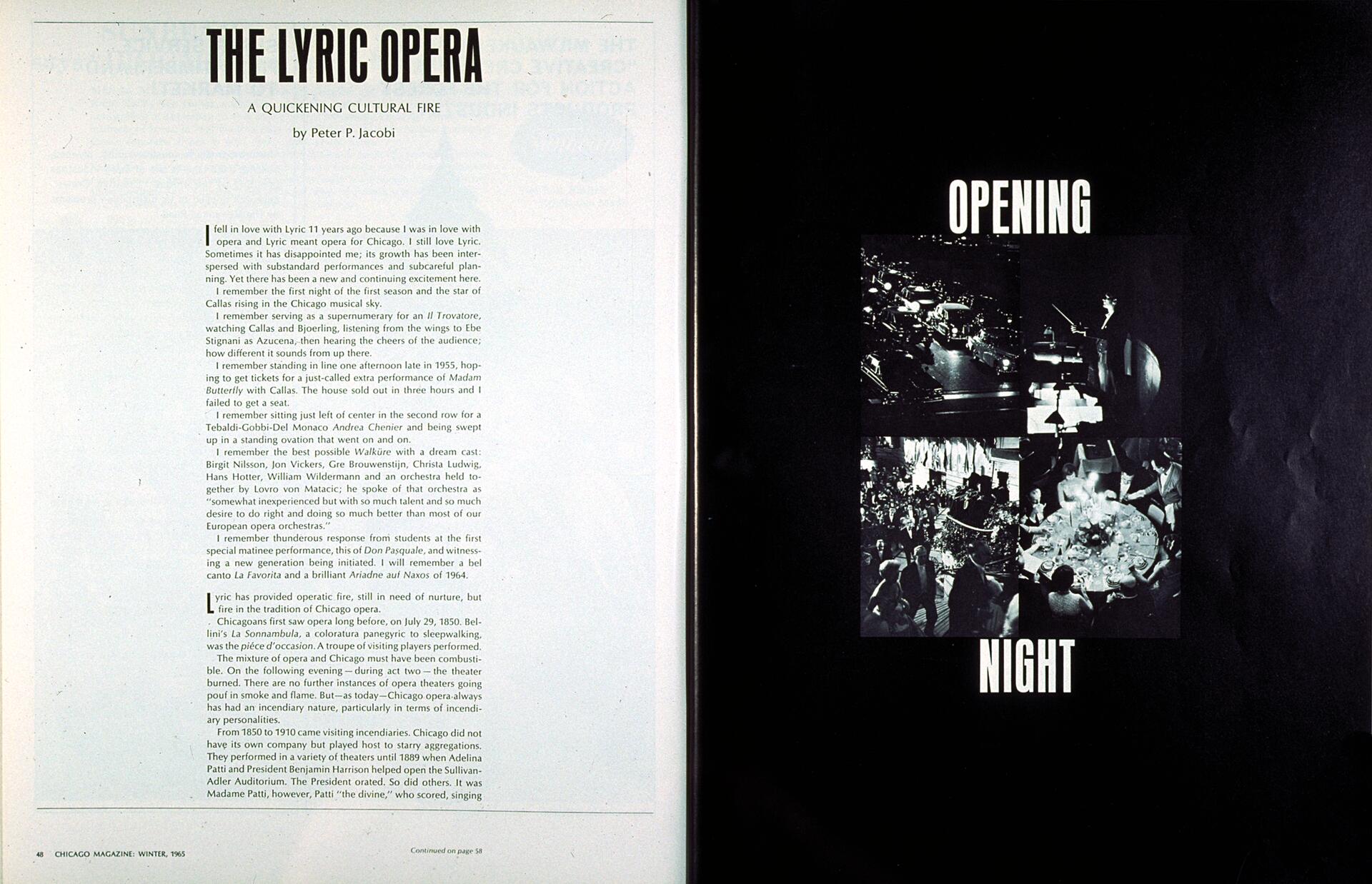 Two-page spread from a magazine featuring an article titled "The Lyric Opera" by Peter P. Jacobi on the left, and a collage of black-and-white photos from an opera opening night, titled "Opening Night," on the right.