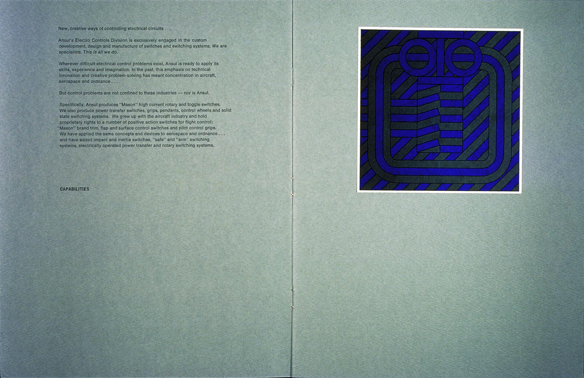 Text about electrical control solutions by Ansul on left, blue and black abstract graphic on right.
