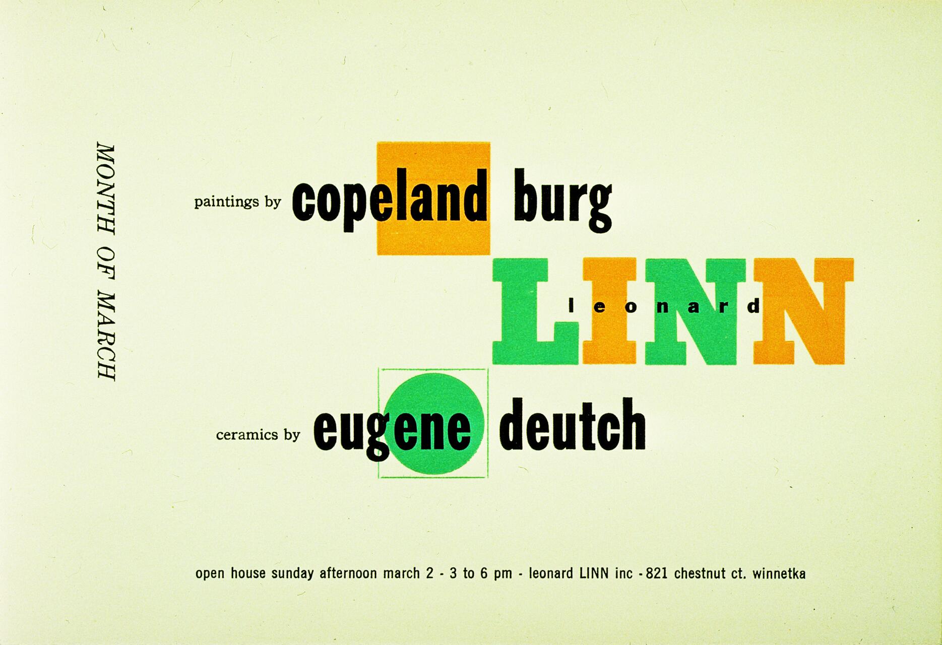 Promotional graphic featuring bold text highlighting artists Copeland Burg and Eugene Deutch, with "Linn" in large colored letters. Text includes event details, "Month of March," and an open house invitation.