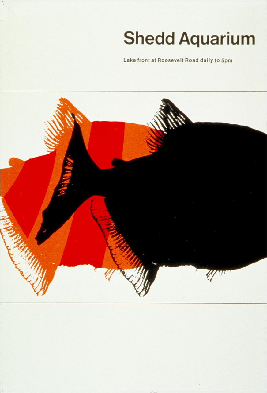 Silhouette of a fish against red and orange stripes, with text reading "Shedd Aquarium" above.