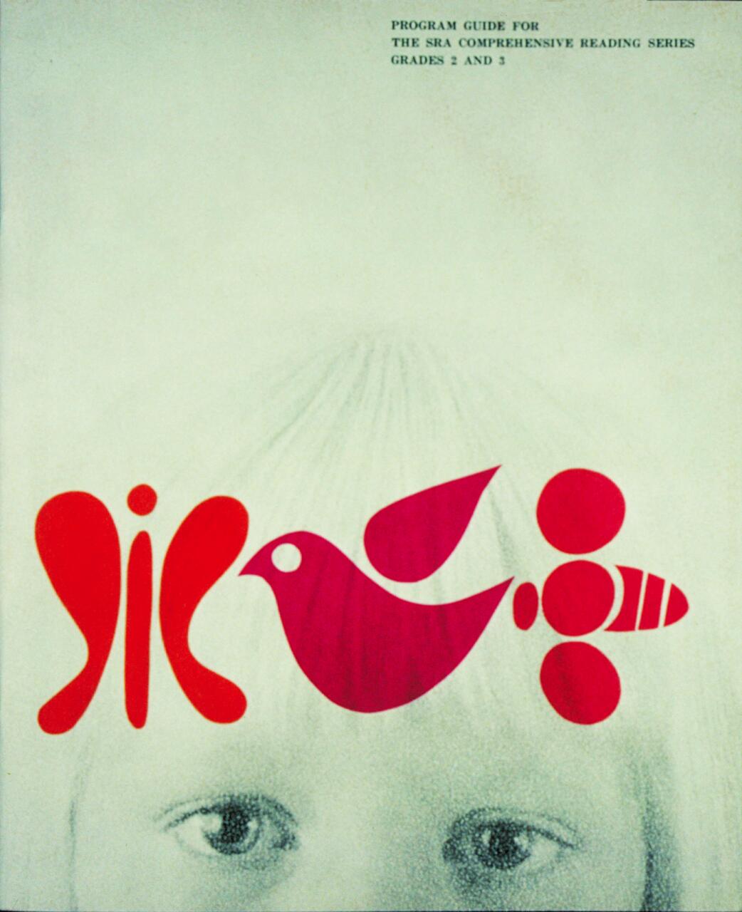 Abstract red and pink shapes resembling a bird and bee overlaid on a monochrome image of a child's eyes, set against a light background with minimal text in the top right corner.