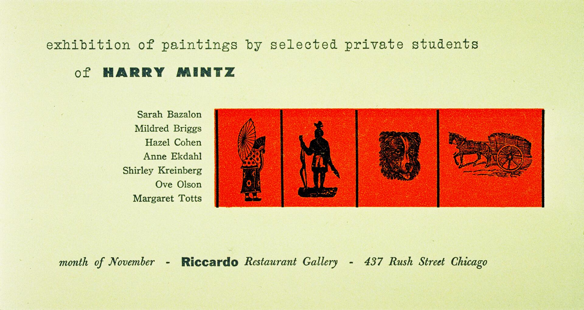 Flyer for an art exhibition featuring works by Harry Mintz’s private students with three illustrations: a person in costume, a silhouette of a person with a cane, and a horse-drawn cart. Text includes names of artists and exhibition details.