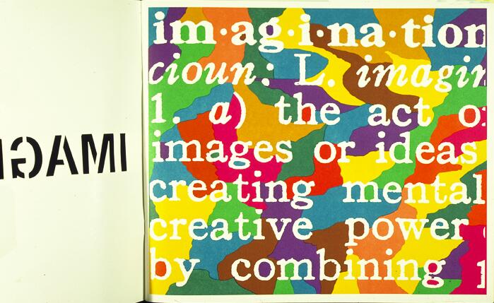 Colorful abstract background with bold, overlapping letters spelling "imagination" in white.
