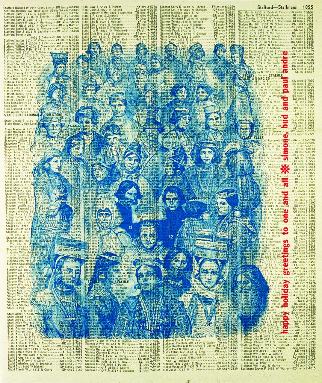Blue-toned vintage illustration of a large group of people dressed in various costumes, overlaying a background of dense text resembling a directory. Red vertical text on the right reads "happy holiday greetings to one and all."