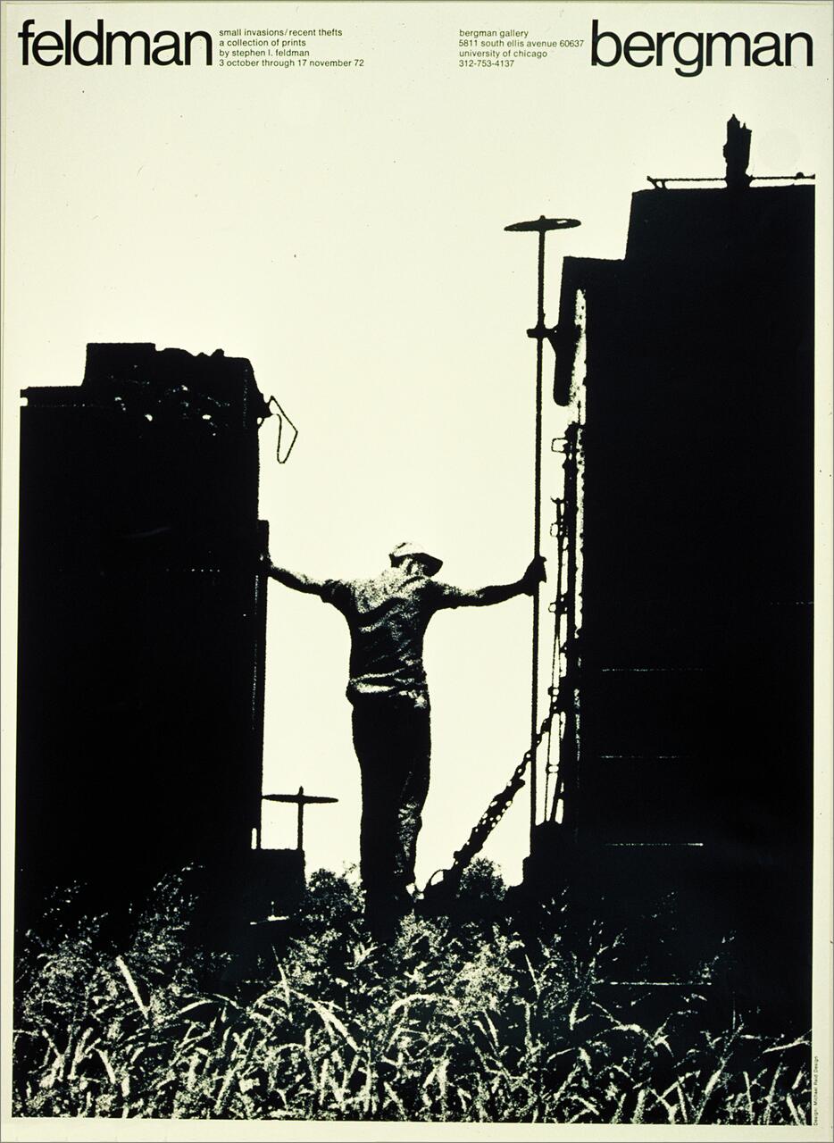 Silhouette of a person standing between two train cars, arms outstretched, with grassy foreground. Black and white art style, with text about an exhibition at the top.