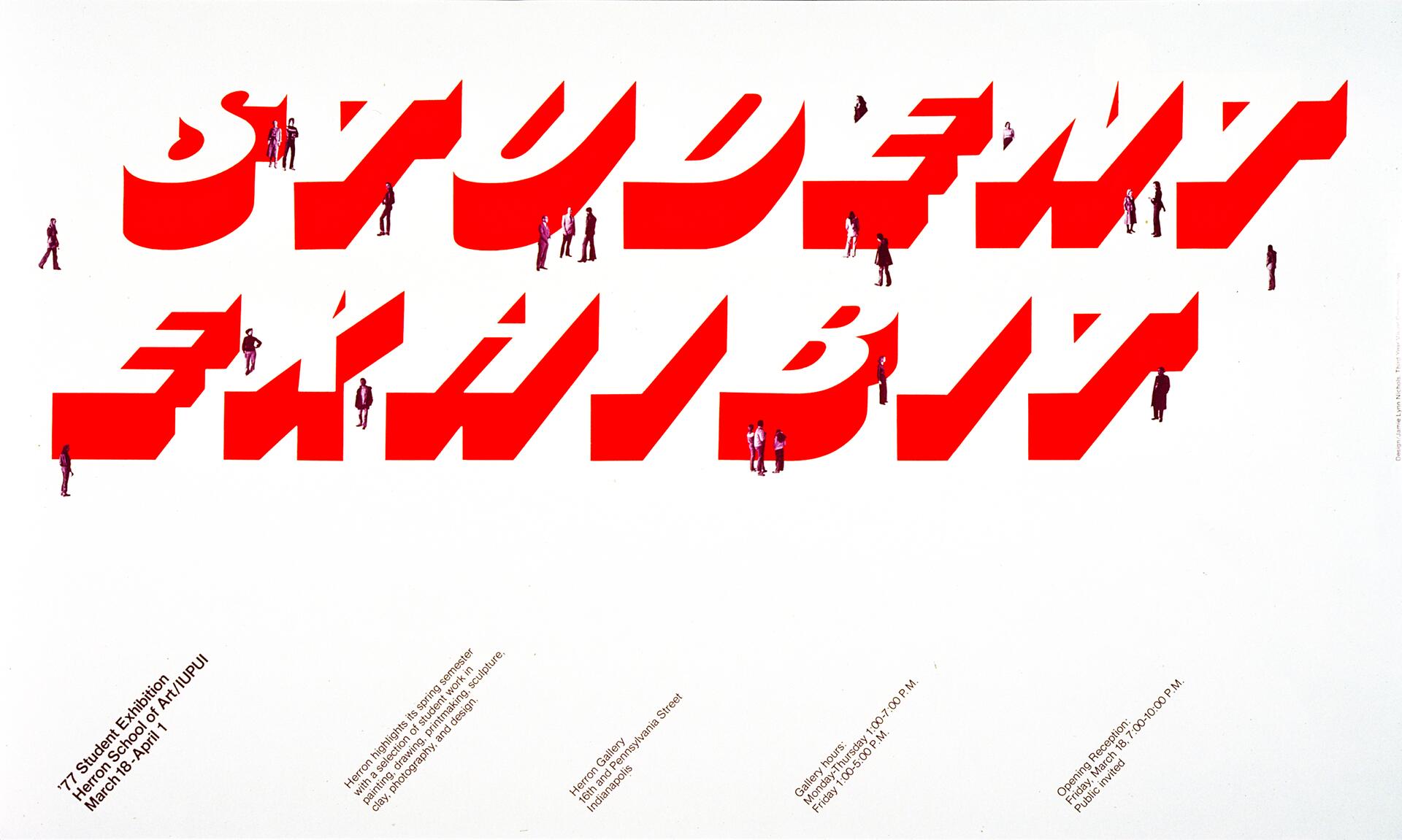 Bold red text spells "STUDENT EXHIBIT" on a white background, with small figures standing on and around the letters.