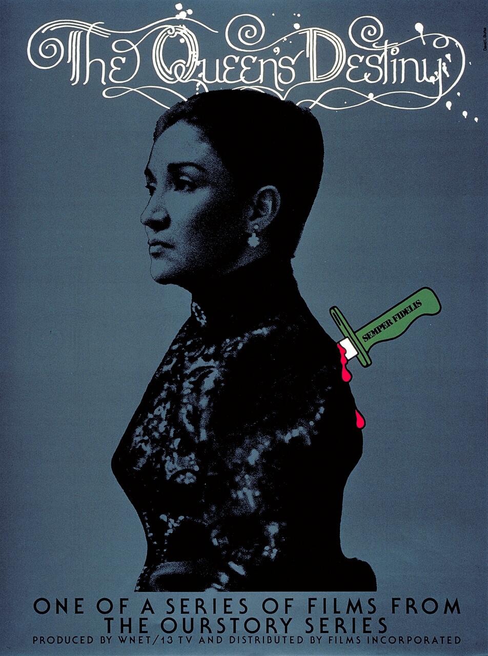 A stylized graphic of a woman in profile with a serious expression, adorned with ornate type reading "The Queen's Destiny." A dagger labeled "Semper Fidelis" is plunged into her back, set against a dark background.
