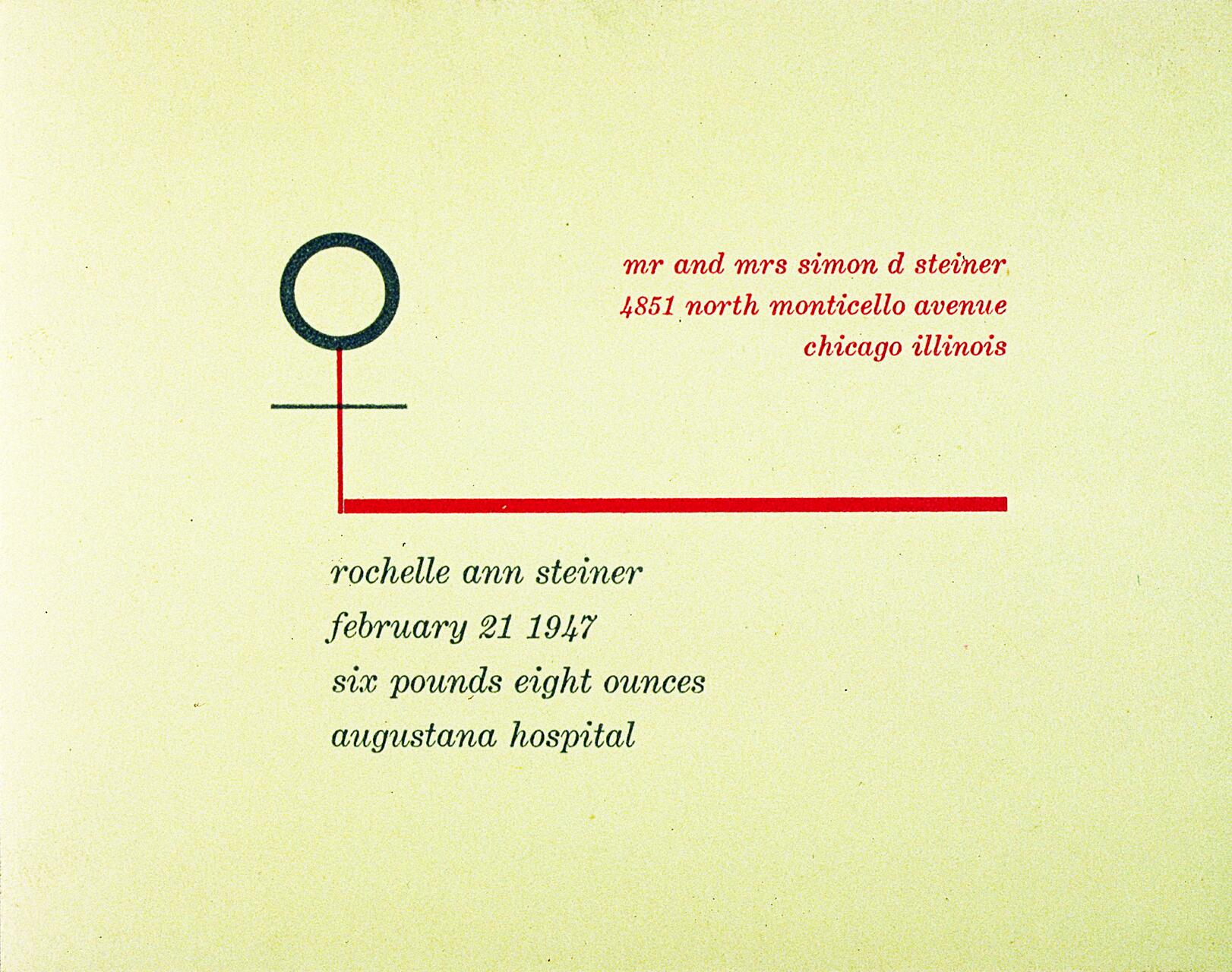 Birth announcement card with a gender symbol containing text about a newborn named Rochelle Ann Steiner, born February 21, 1947, weighing six pounds eight ounces at Augustana Hospital, with the parents' address in red.