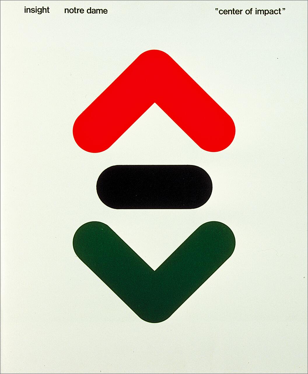 A graphic with a red upward chevron, a black horizontal oval, and a green downward chevron on a white background.