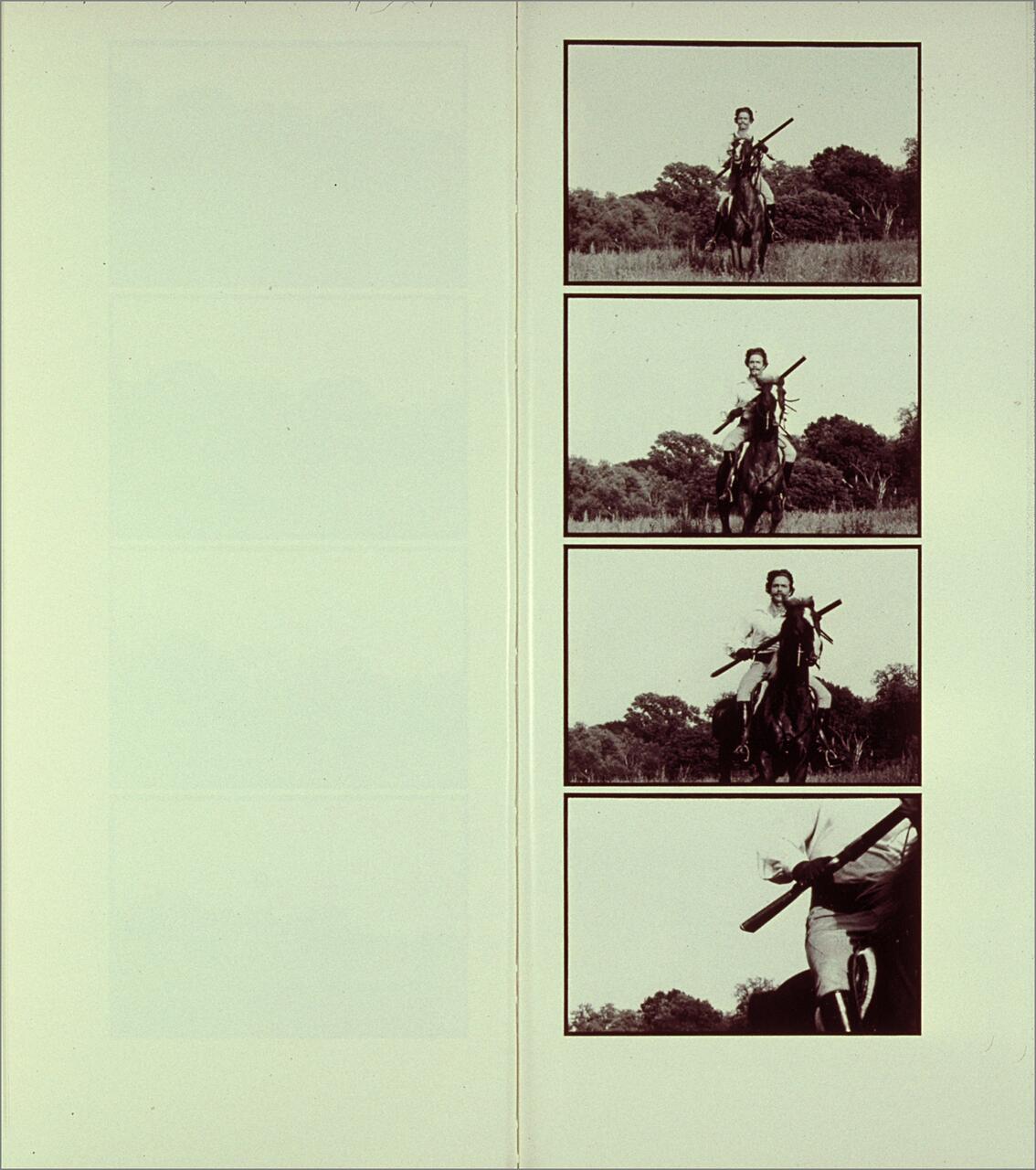 Four sepia-toned photographs show a person riding a horse, holding a long stick, in a grassy field with trees in the background. Each frame shows a closer view progressing from top to bottom.