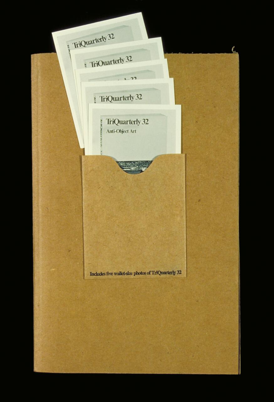 A brown book features a pocket on the cover holding five cards labeled "TriQuarterly 32 Anti-Object Art."